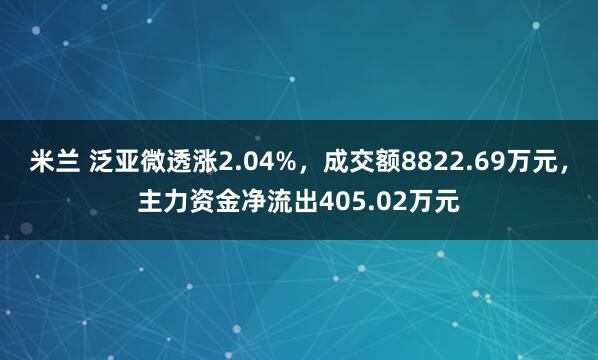 米兰 泛亚微透涨2.04%，成交额8822.69万元，主力资金净流出405.02万元