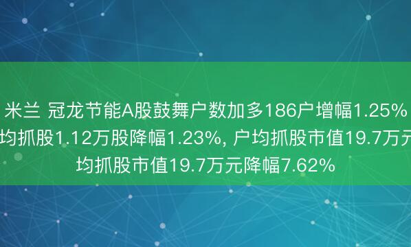 米兰 冠龙节能A股鼓舞户数加多186户增幅1.25%， 通顺A股户均抓股1.12万股降幅1.23%， 户均抓股市值19.7万元降幅7.62%